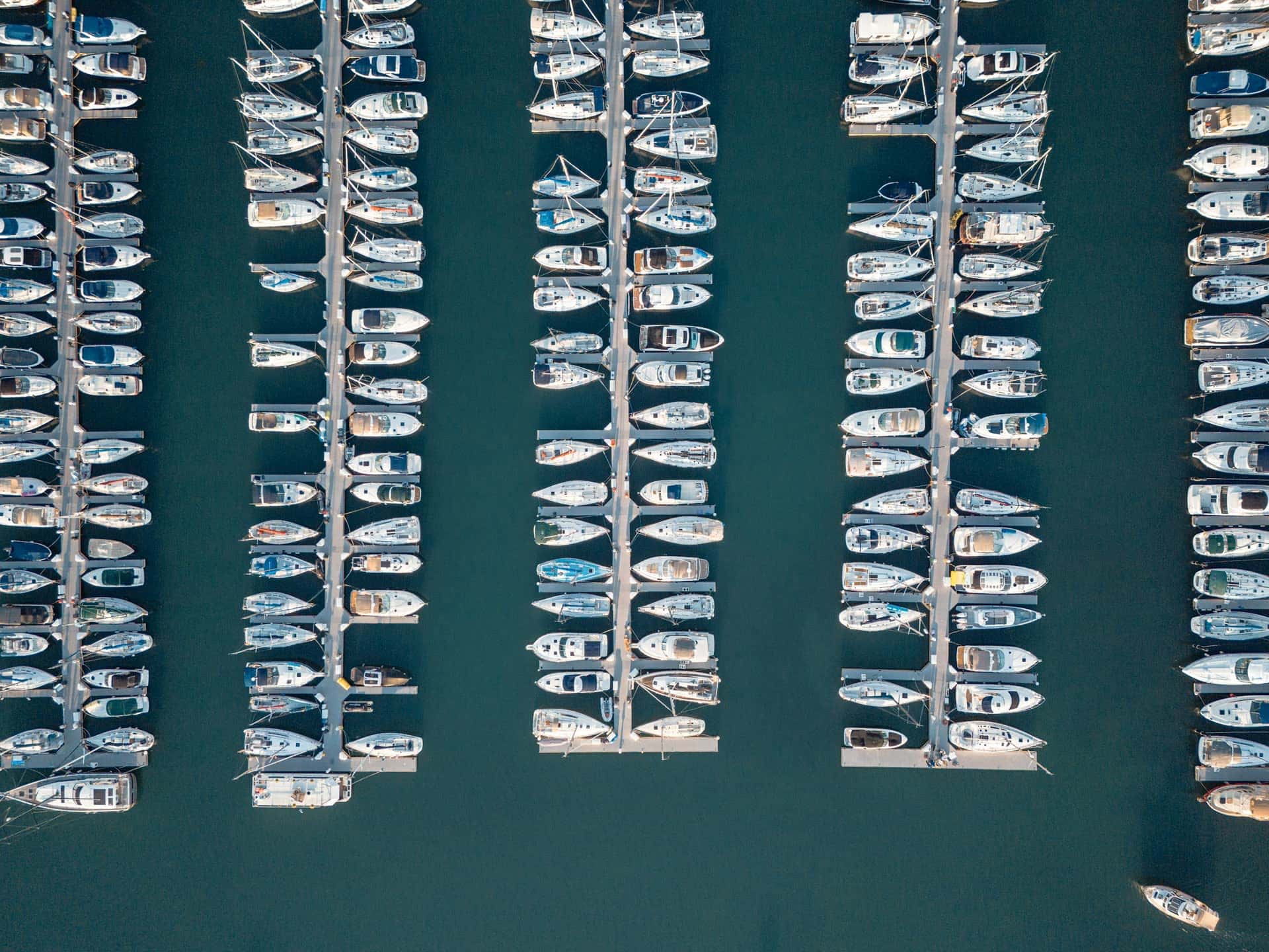 Aerial view of marina slips and docked boats