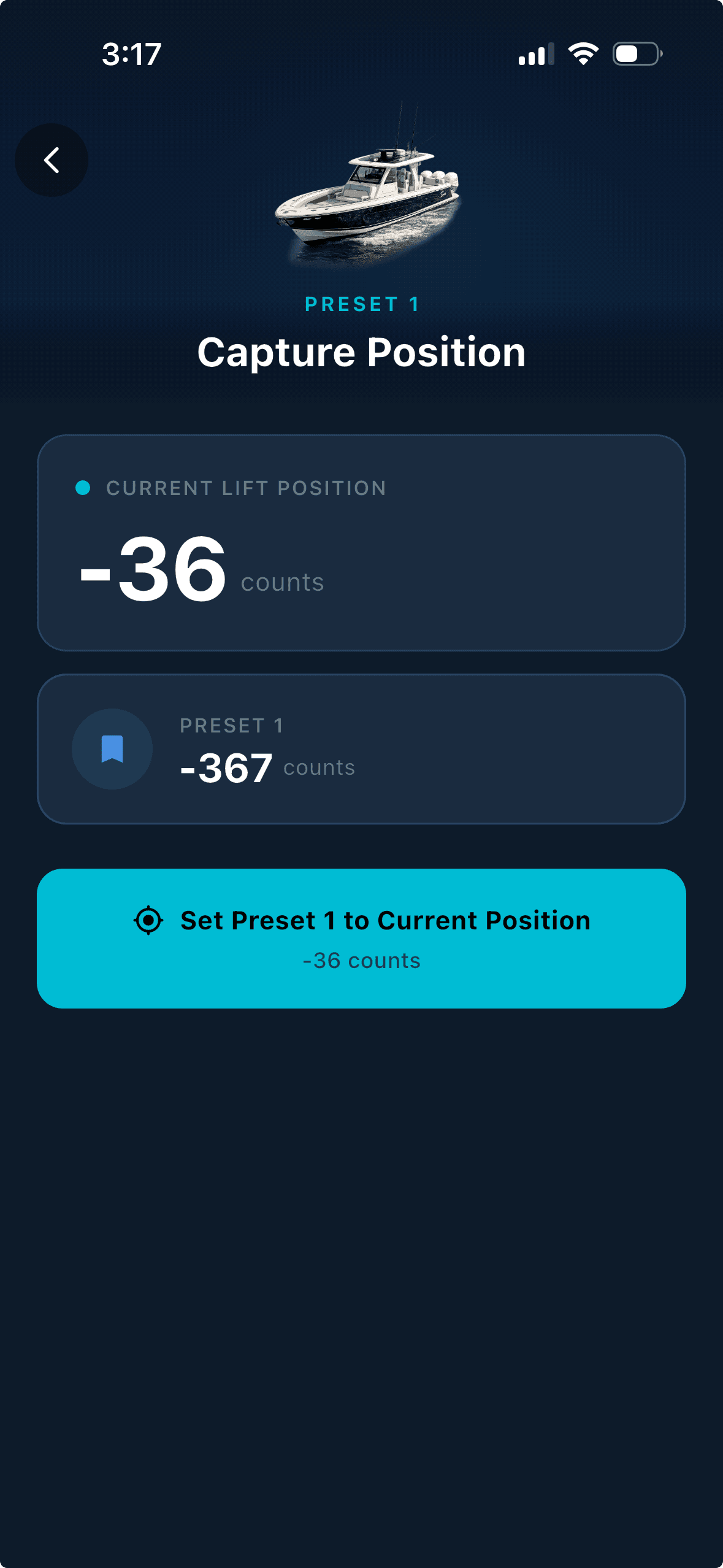 Atlantis Boater App smart lift screen showing preset capture