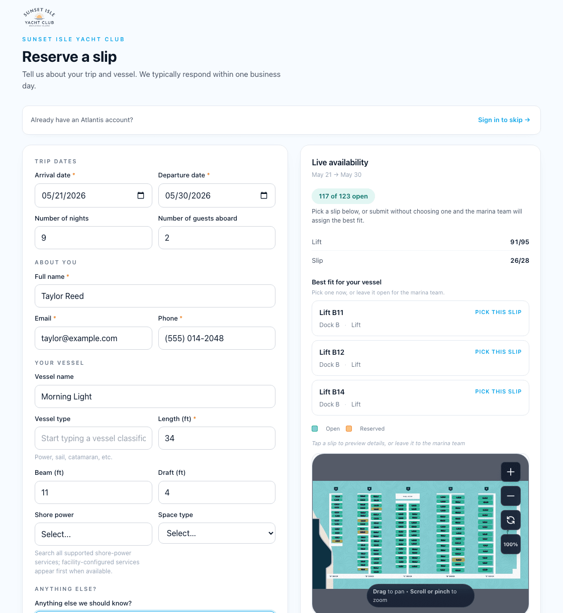 Embeddable Atlantis reservation intake form with live availability