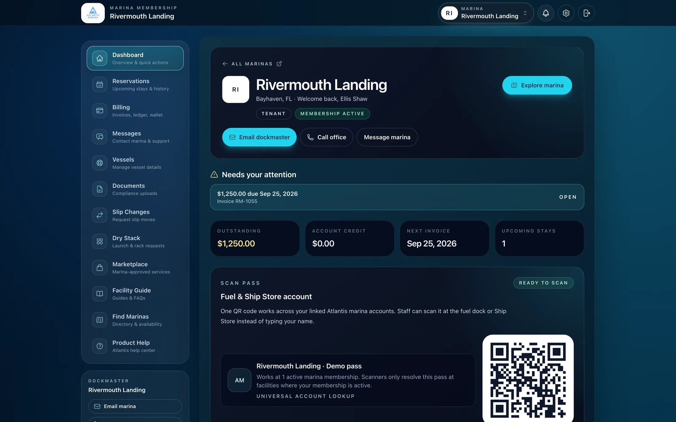 Atlantis boater account dashboard with balance, upcoming stay and scan pass