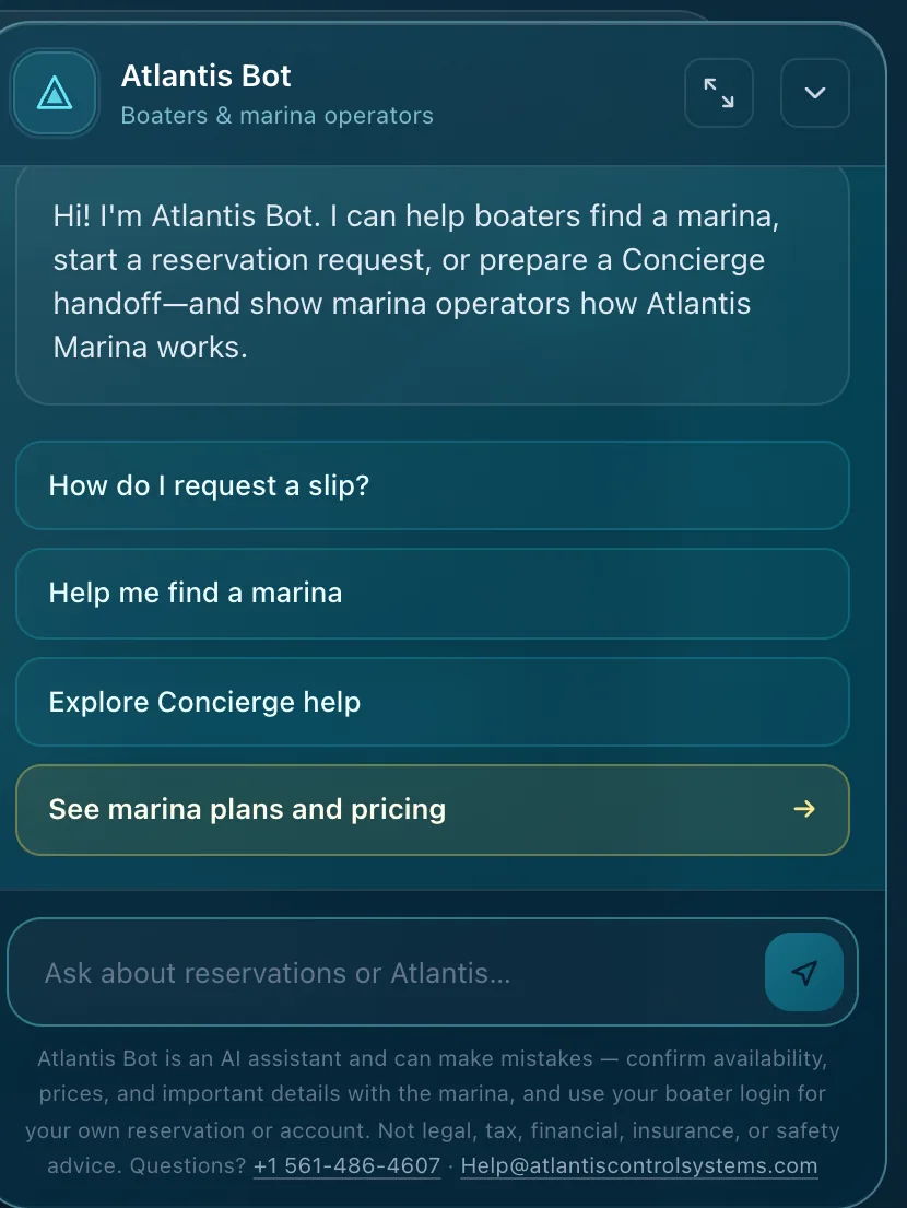 The Atlantis Bot assistant open on a marina website offering to help find a marina and request a slip
