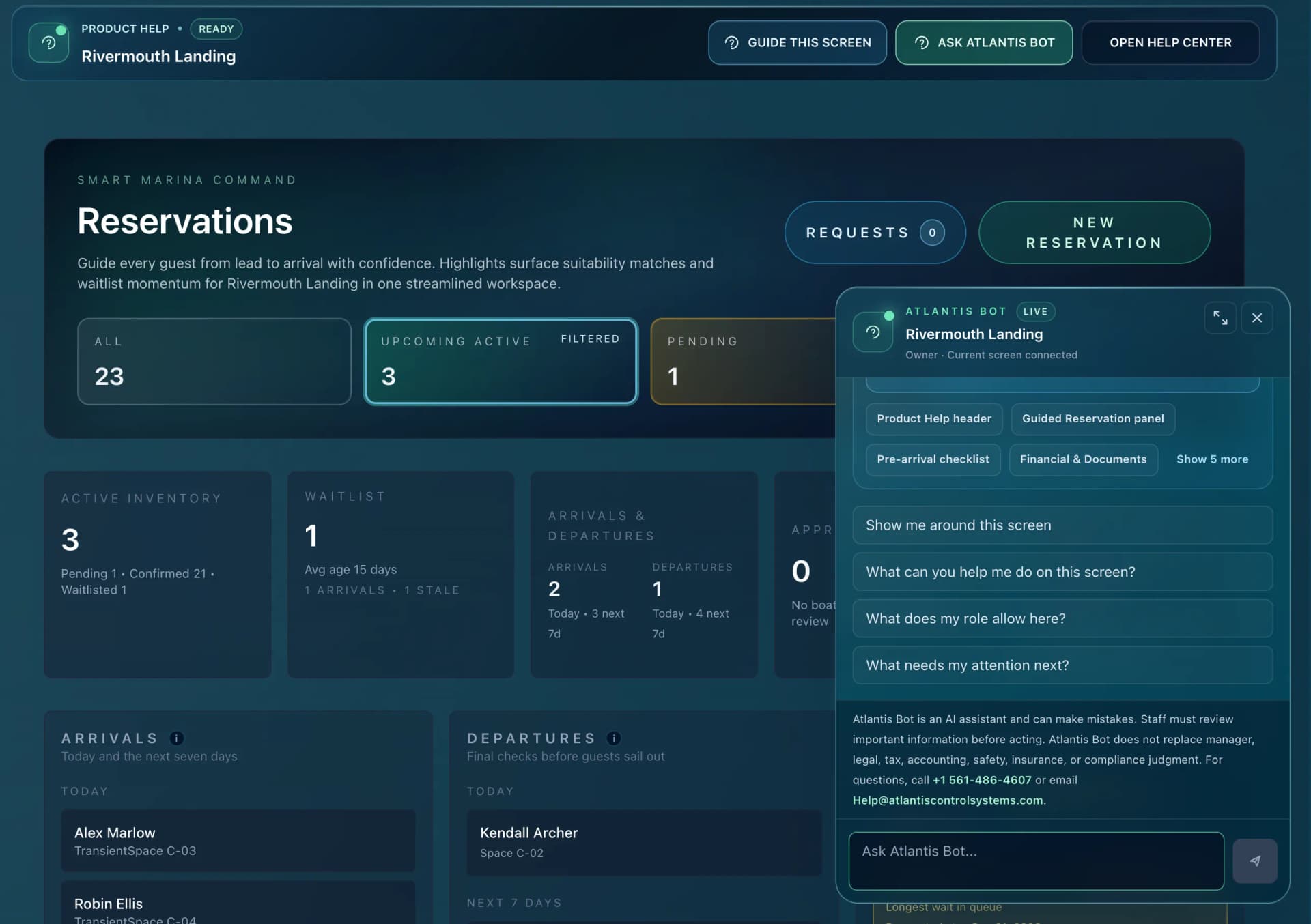 The Atlantis Bot assistant open beside the reservations workspace, offering to walk through the current screen