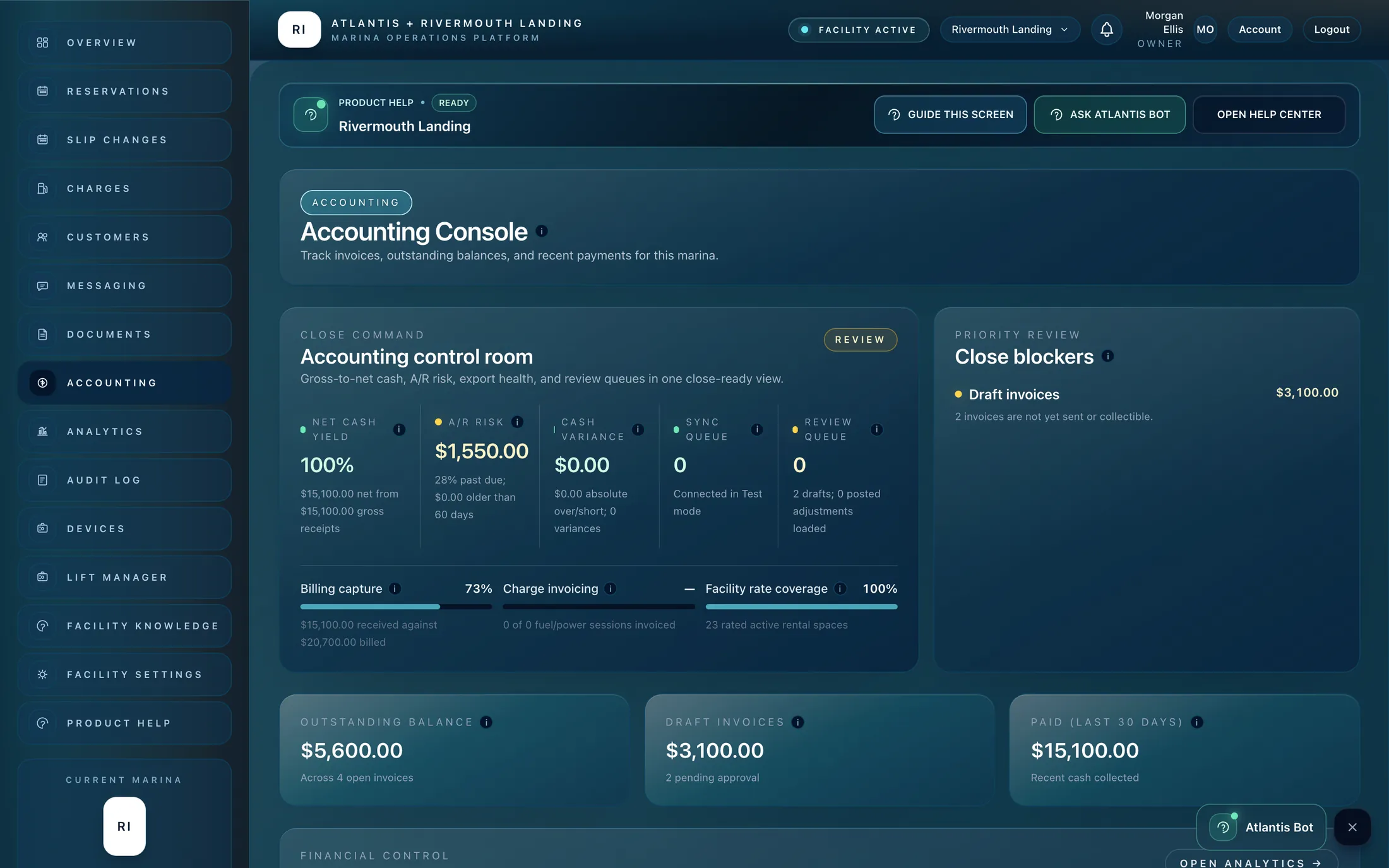 Atlantis Marina billing and accounting workspace with invoices
