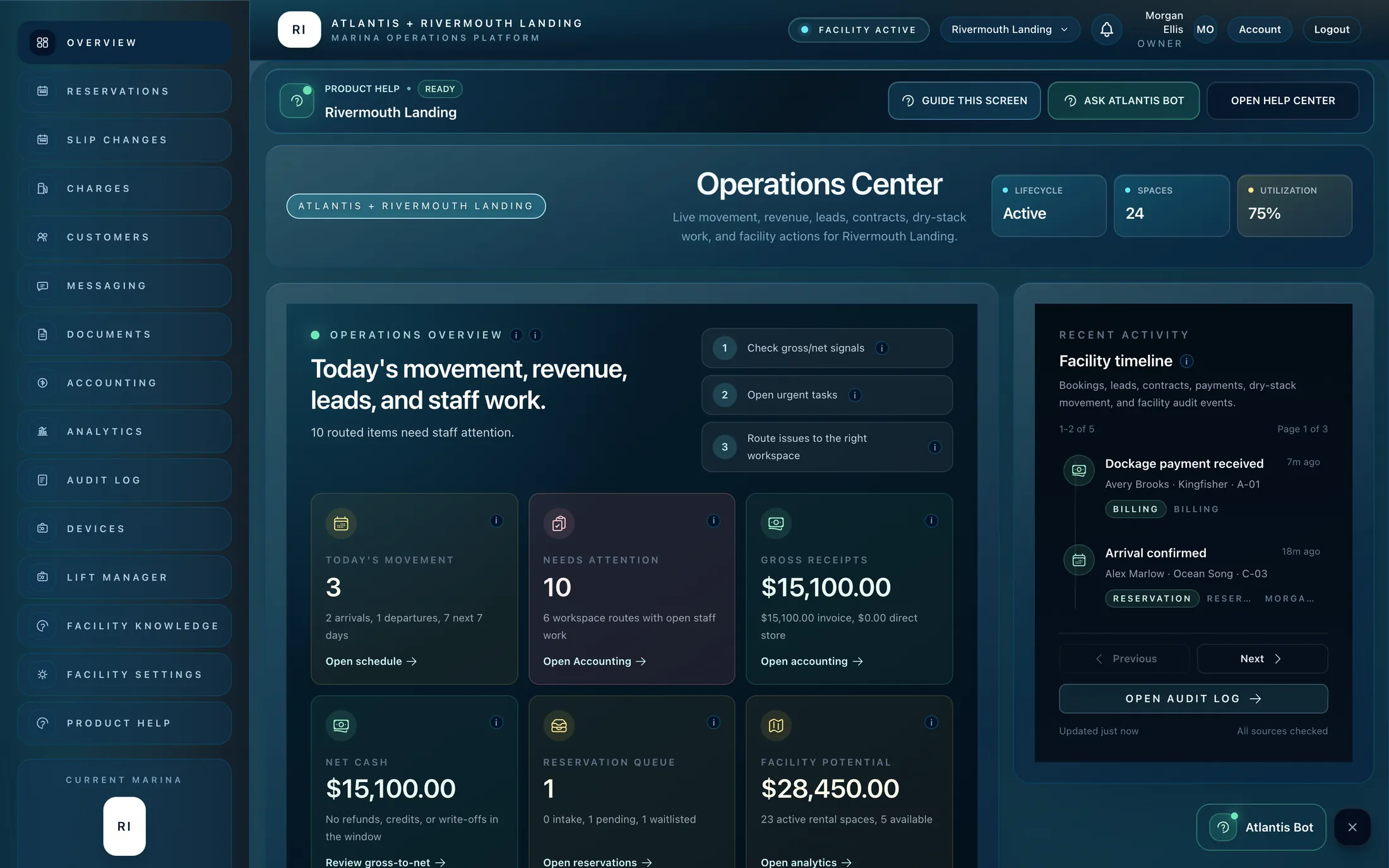Atlantis Marina operations centre showing occupancy, receipts and the day’s work