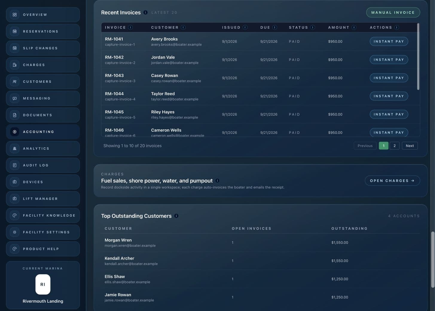 Atlantis Marina accounting workspace showing invoices, payment status and outstanding balances
