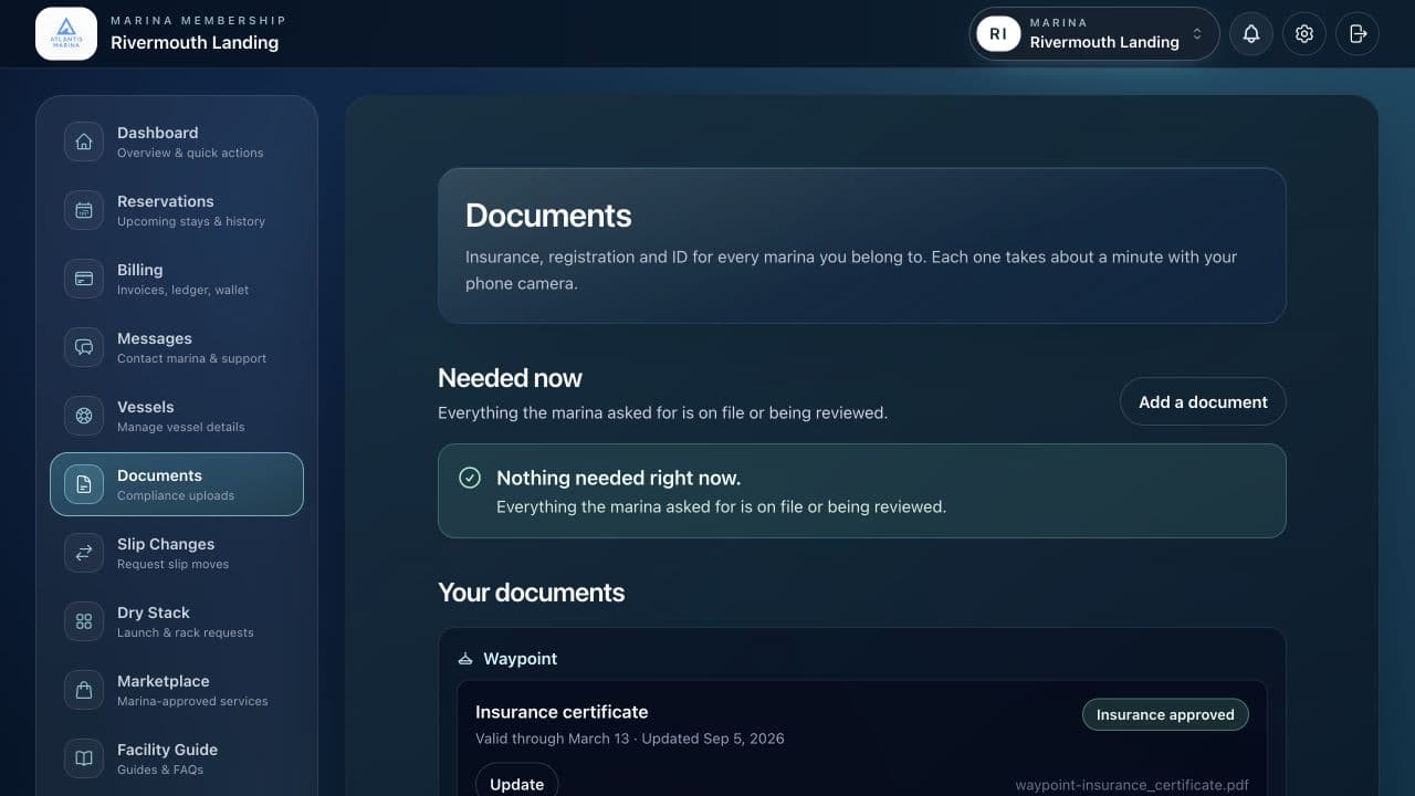 Atlantis Marina boater document dashboard showing files and document status