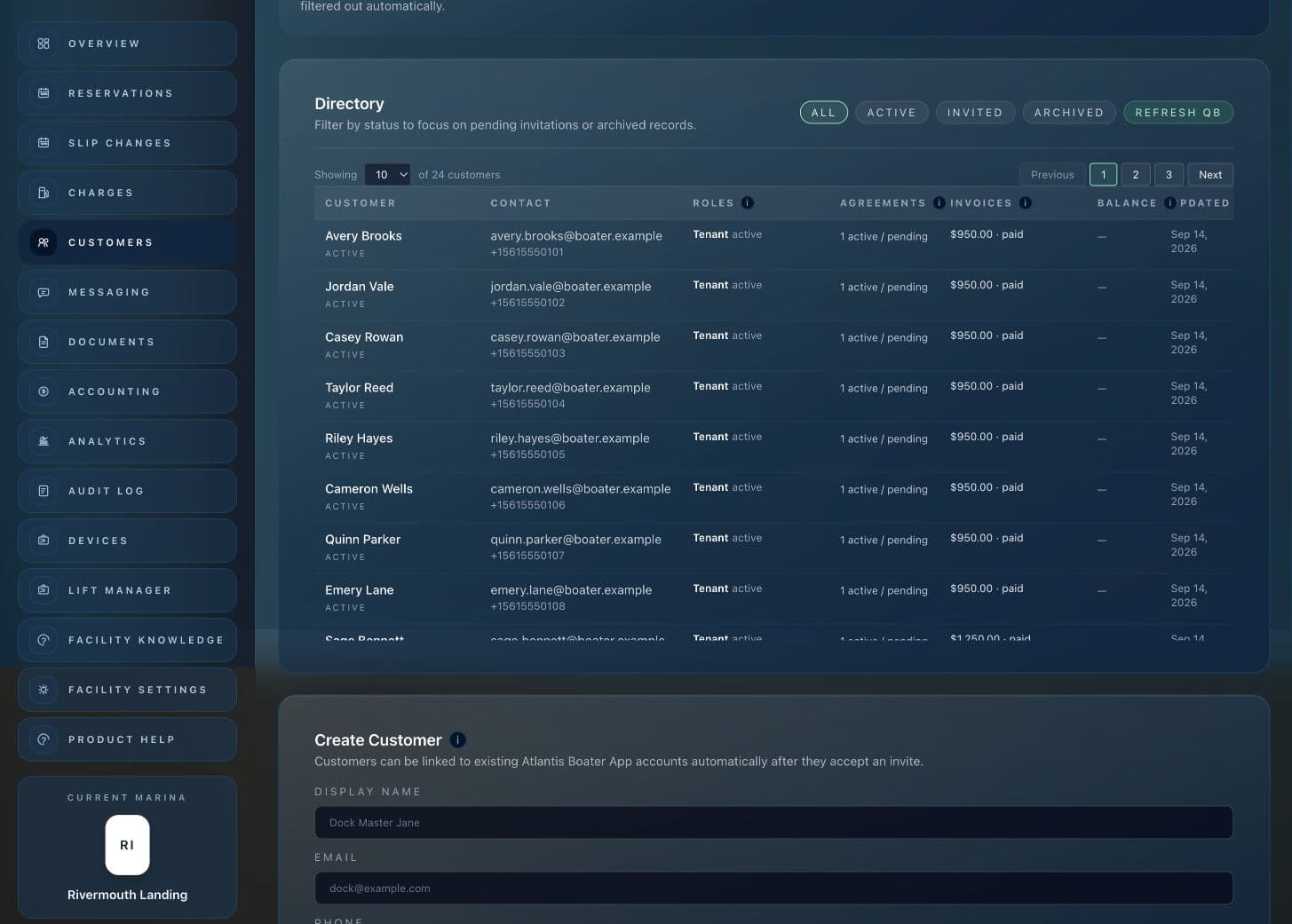 Atlantis Marina customer directory with account status, contact details and customer records