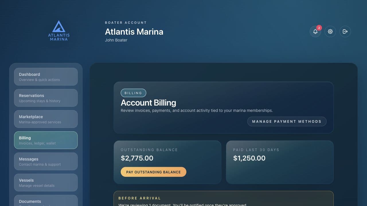Atlantis Marina billing page showing outstanding balance, recent paid amount, invoice filters, invoice list, and billing messages.