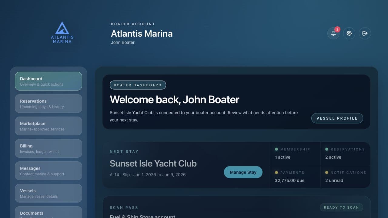 Atlantis boater account dashboard showing next stay, membership, reservations, payments due, and notifications.