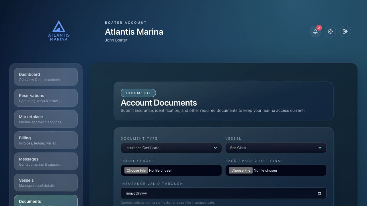 Atlantis boater documents view showing insurance certificate upload tied to a vessel with expiration tracking.