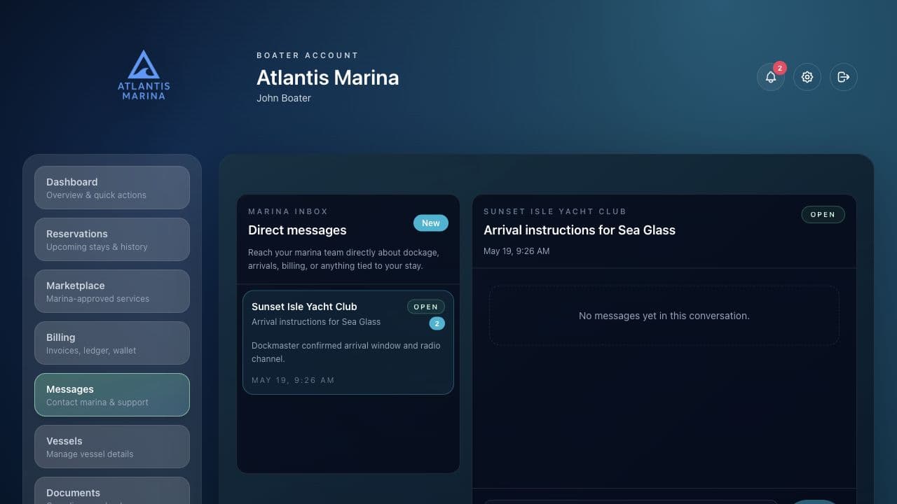 Atlantis Marina messages page showing conversation list, selected marina support thread, and reply composer.