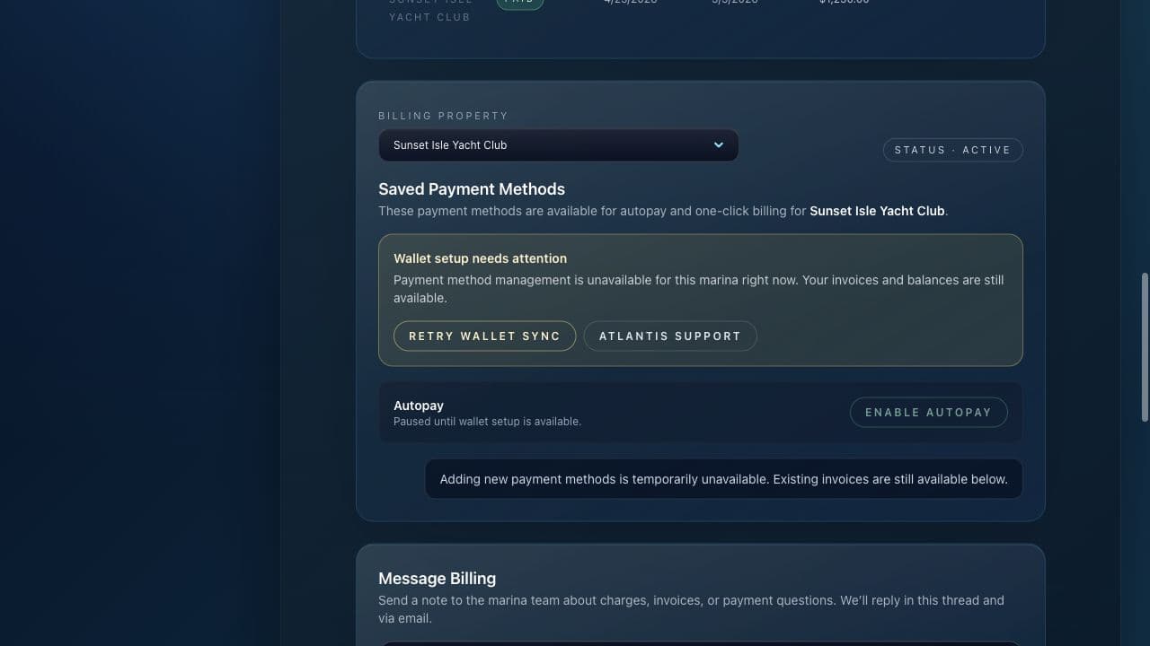 Atlantis Marina Account Billing page showing saved payment methods, autopay status, wallet availability, and recent billing activity.