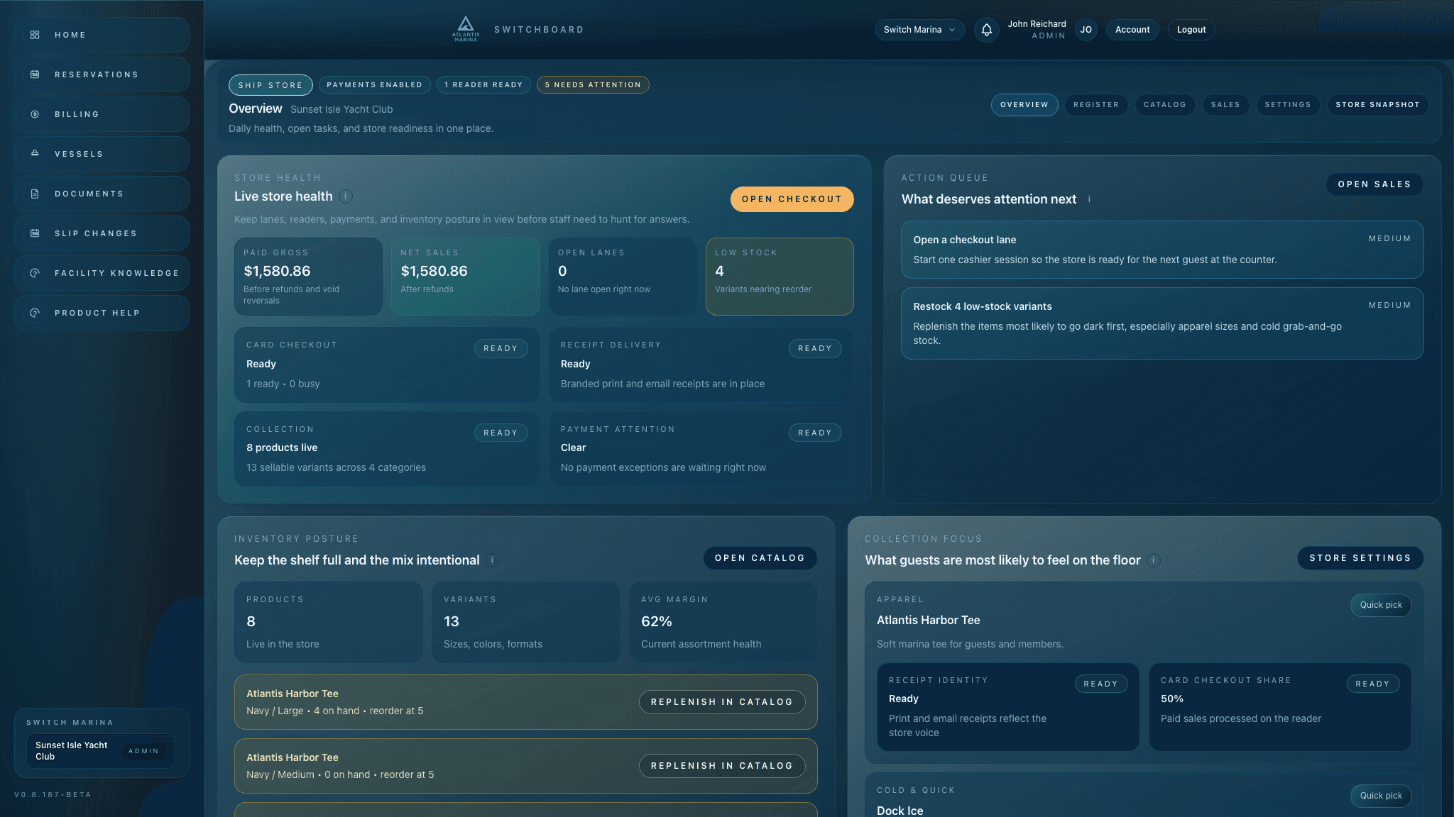 Atlantis Ship Store overview showing sales health, inventory status, readers, receipts, and action cards.