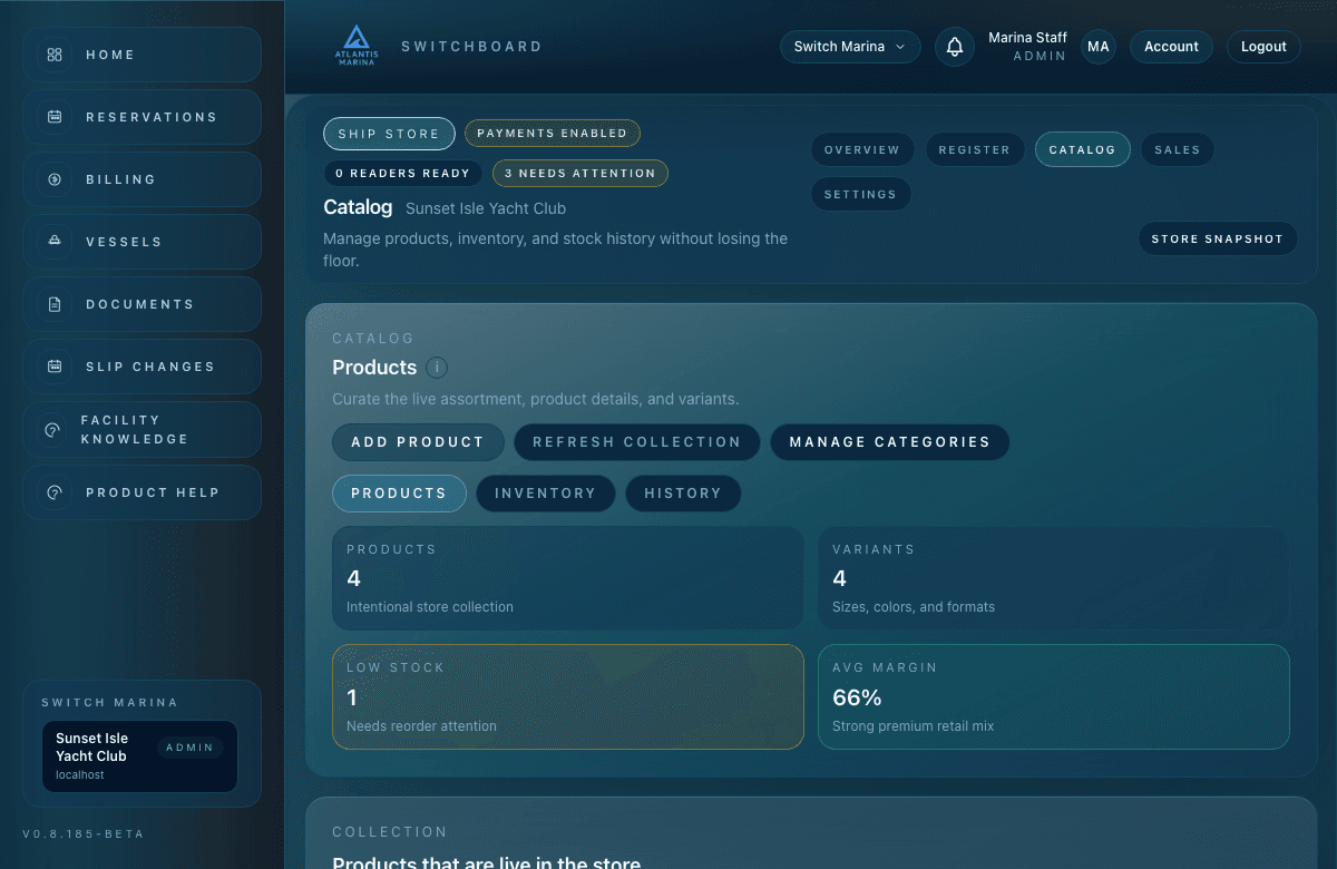 Atlantis Ship Store catalog showing product variants, inventory counts, pricing, and stock controls.