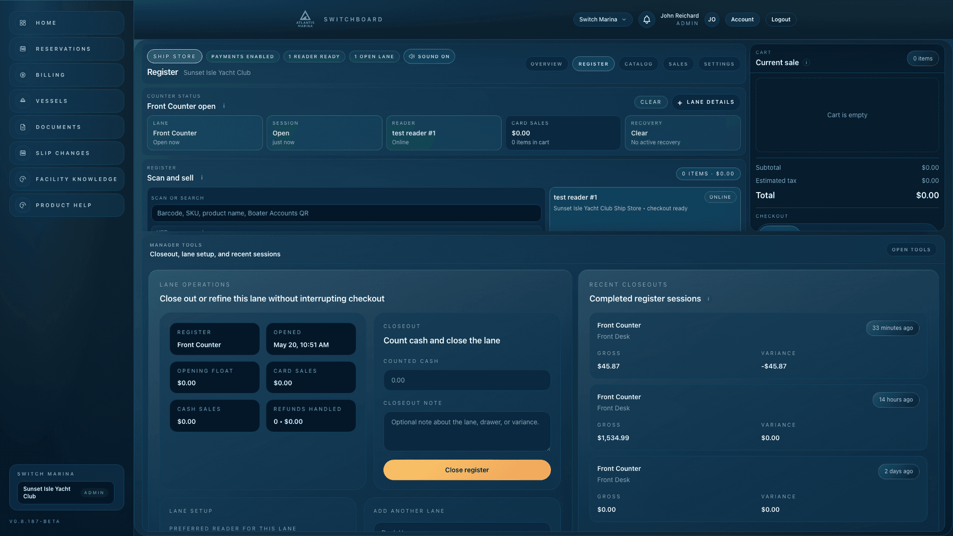 Atlantis Ship Store register manager tools showing closeout controls and recent sessions.