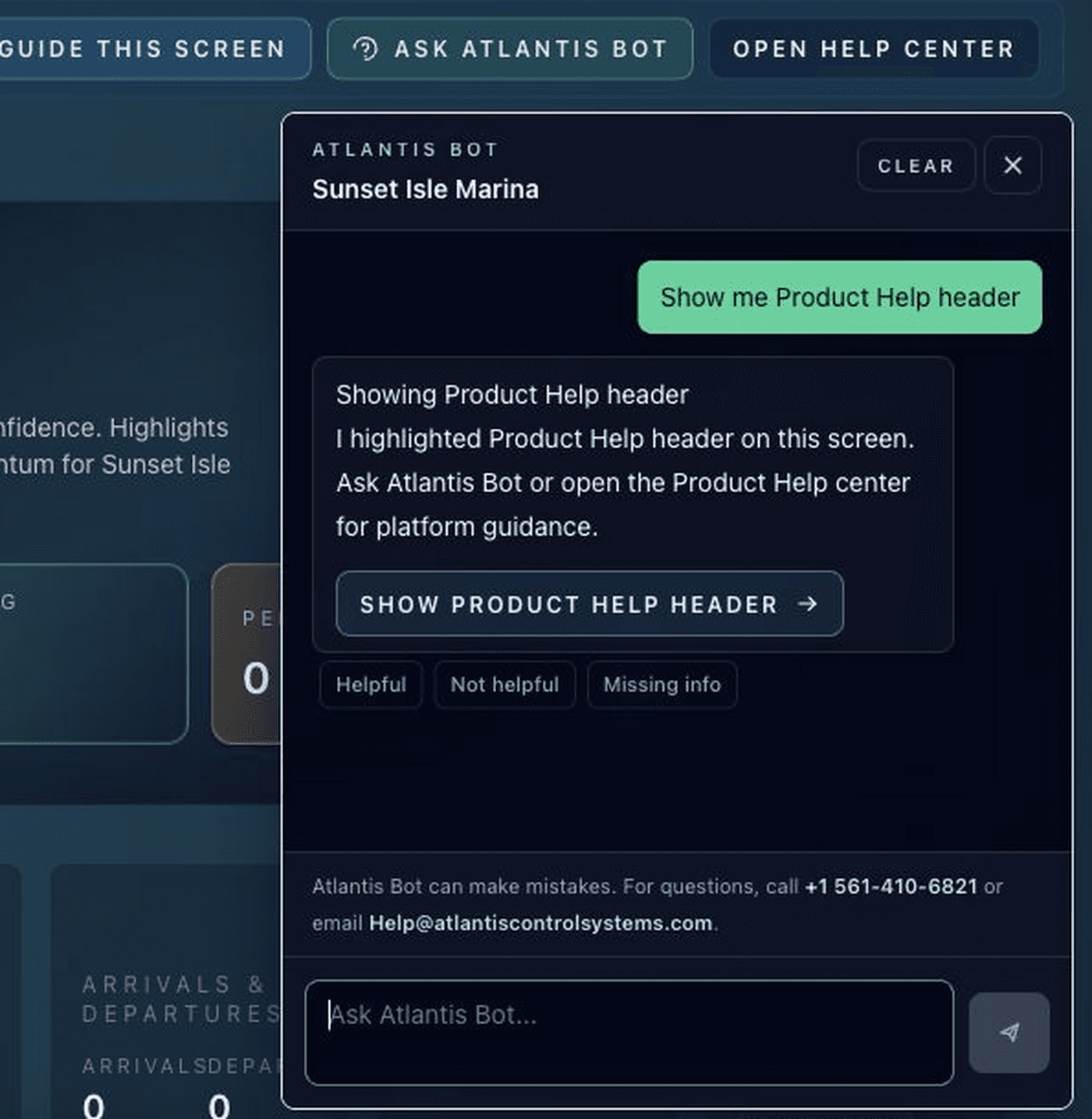 Atlantis Bot guided screen response with a Product Help highlight action