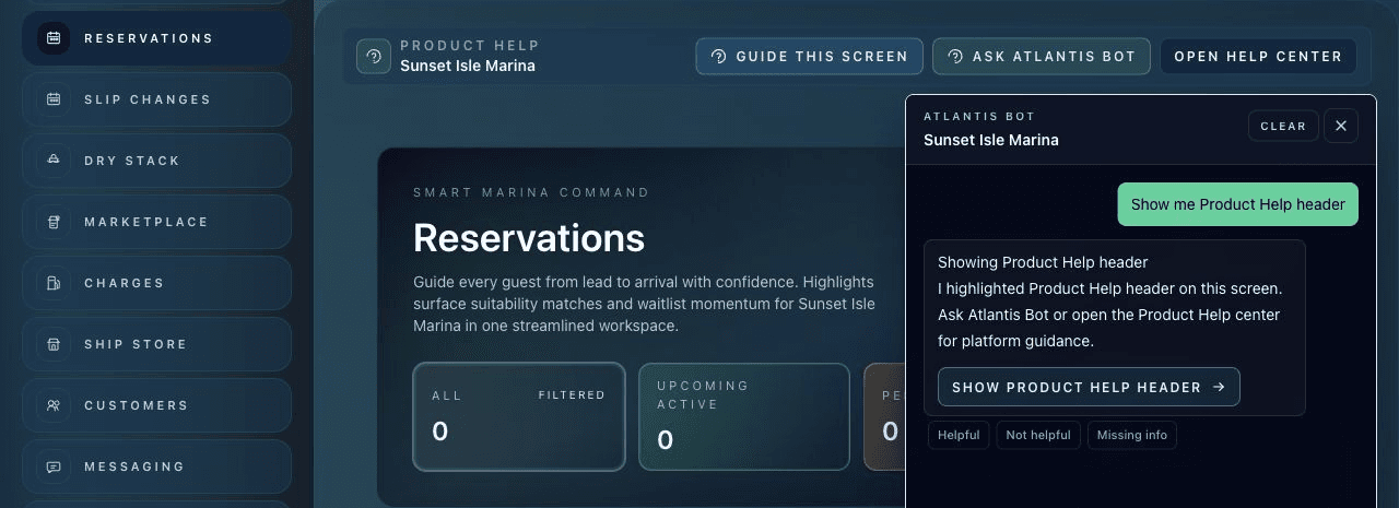 Atlantis Marina reservations workspace with Guide This Screen, Ask Atlantis Bot, and Open Help Center controls