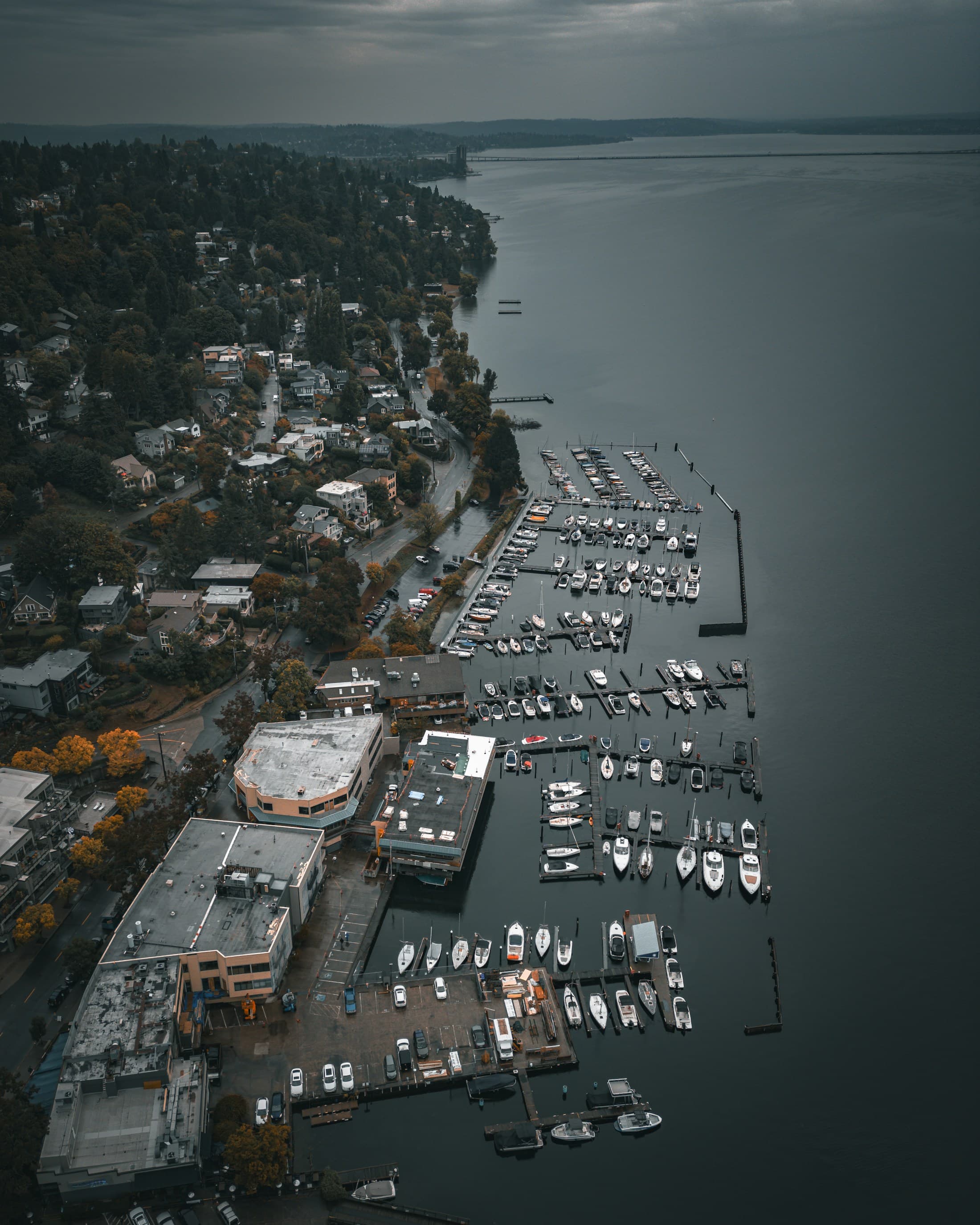 Marina harbor with boats under a cloudy sky