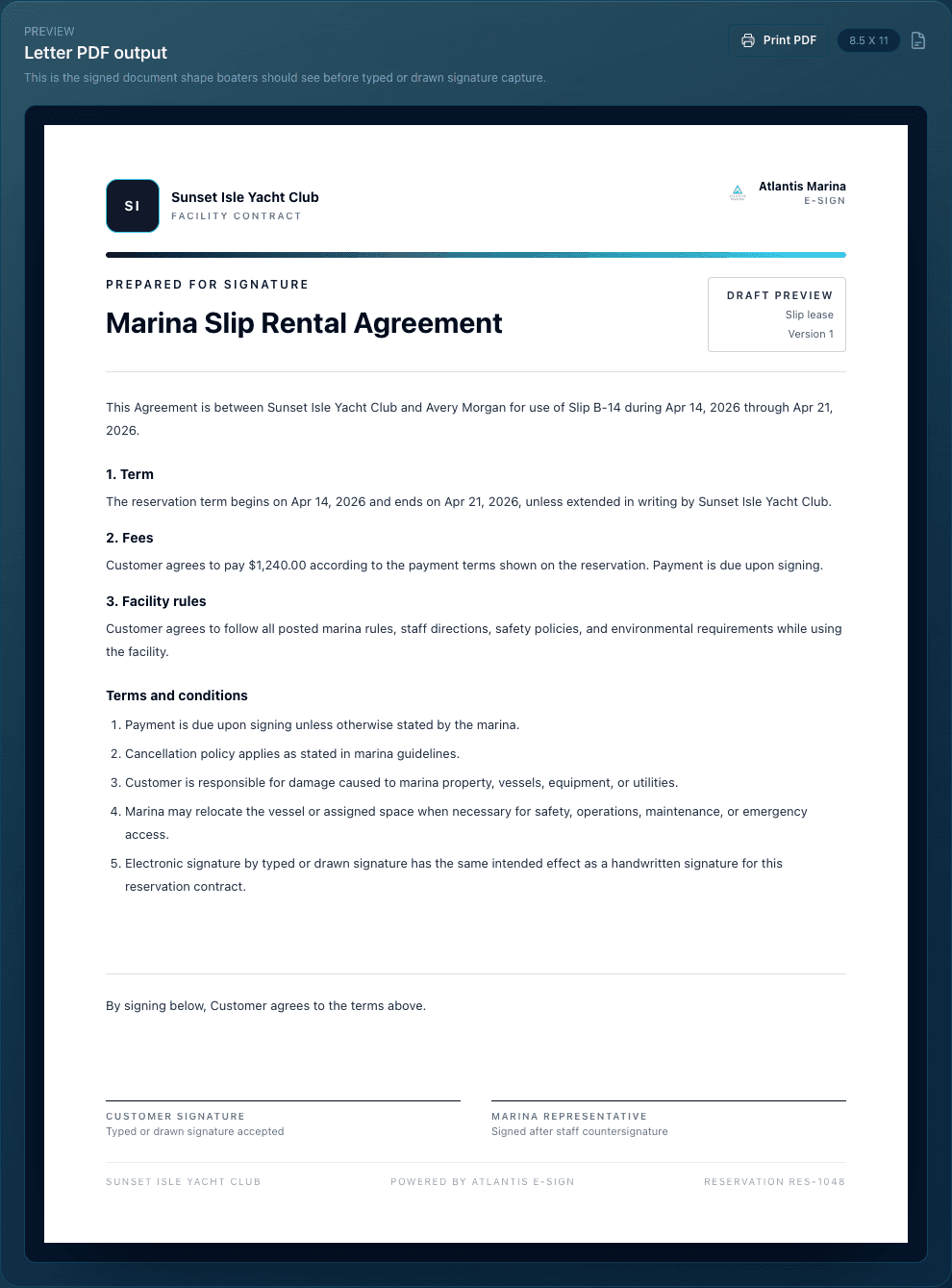 Atlantis E-Sign letter PDF preview for a marina slip rental agreement.