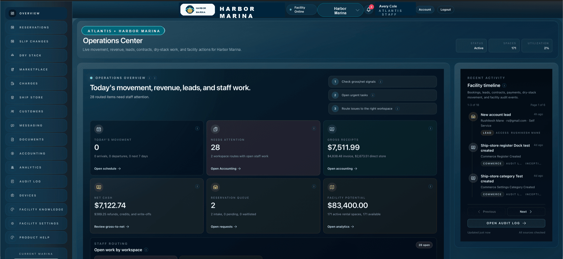 Atlantis Marina operations dashboard with live occupancy, reservations, and billing