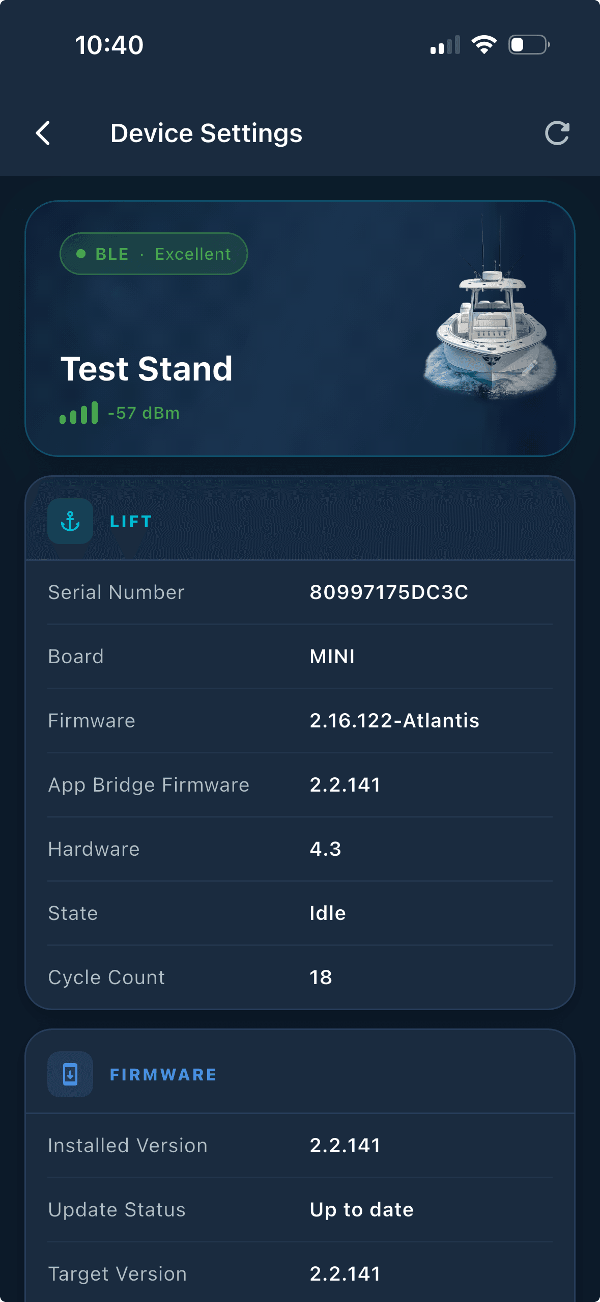 Atlantis Boater App device settings screen