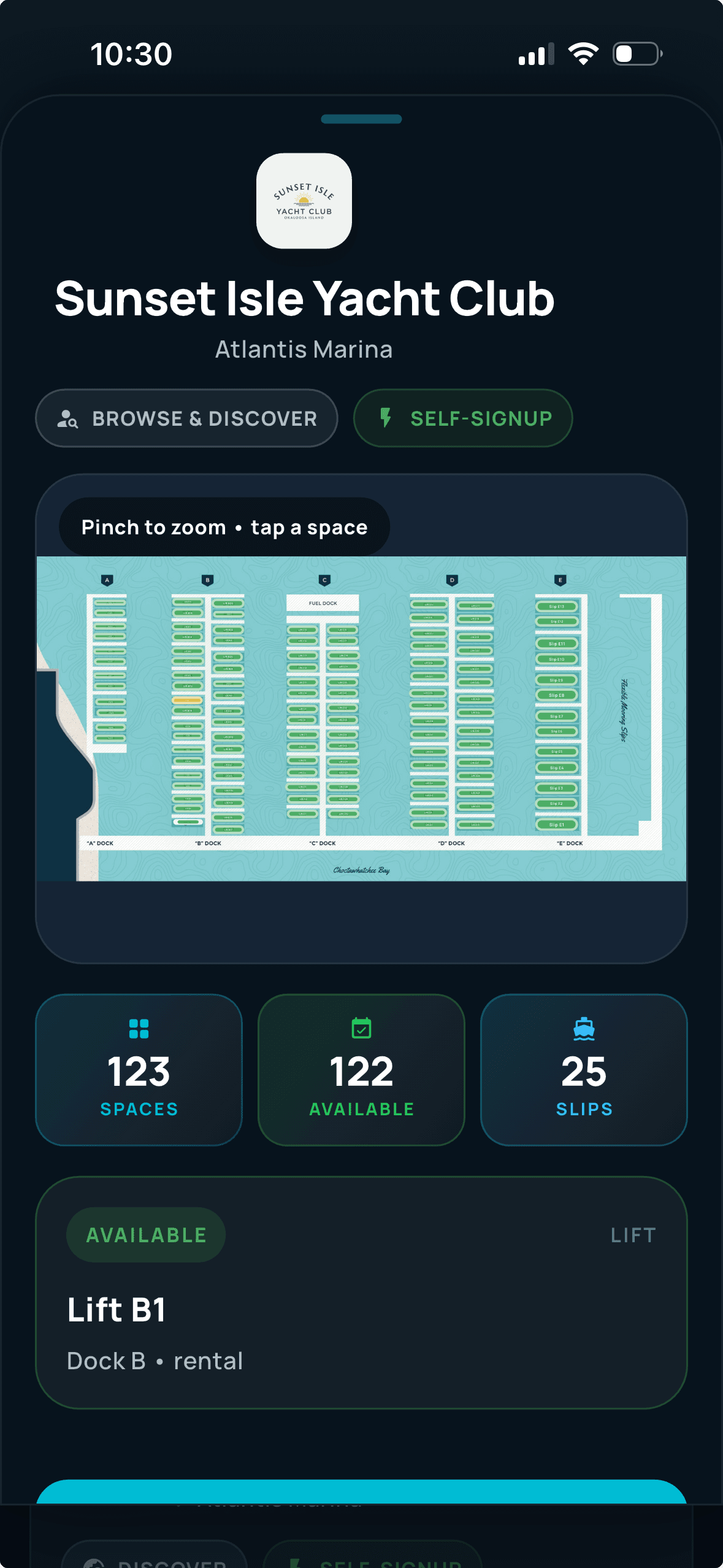 Atlantis Boater App marina detail and reservation-ready screen
