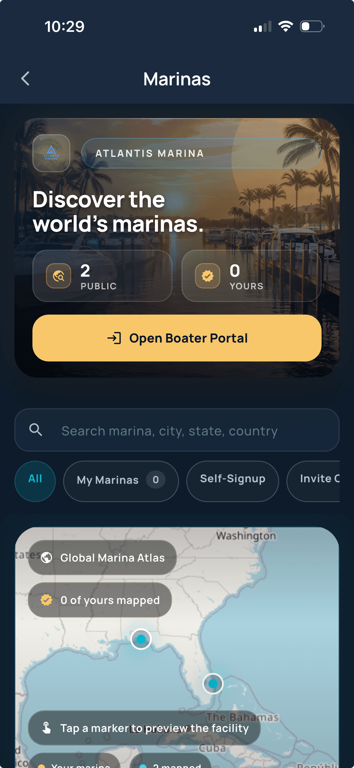Atlantis Boater App marina discovery screen