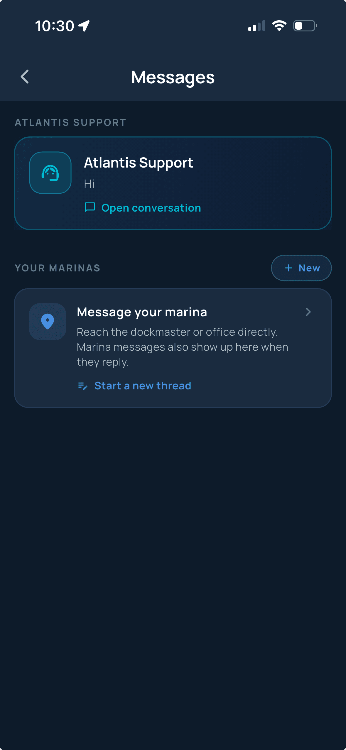 Atlantis Boater App support messages screen