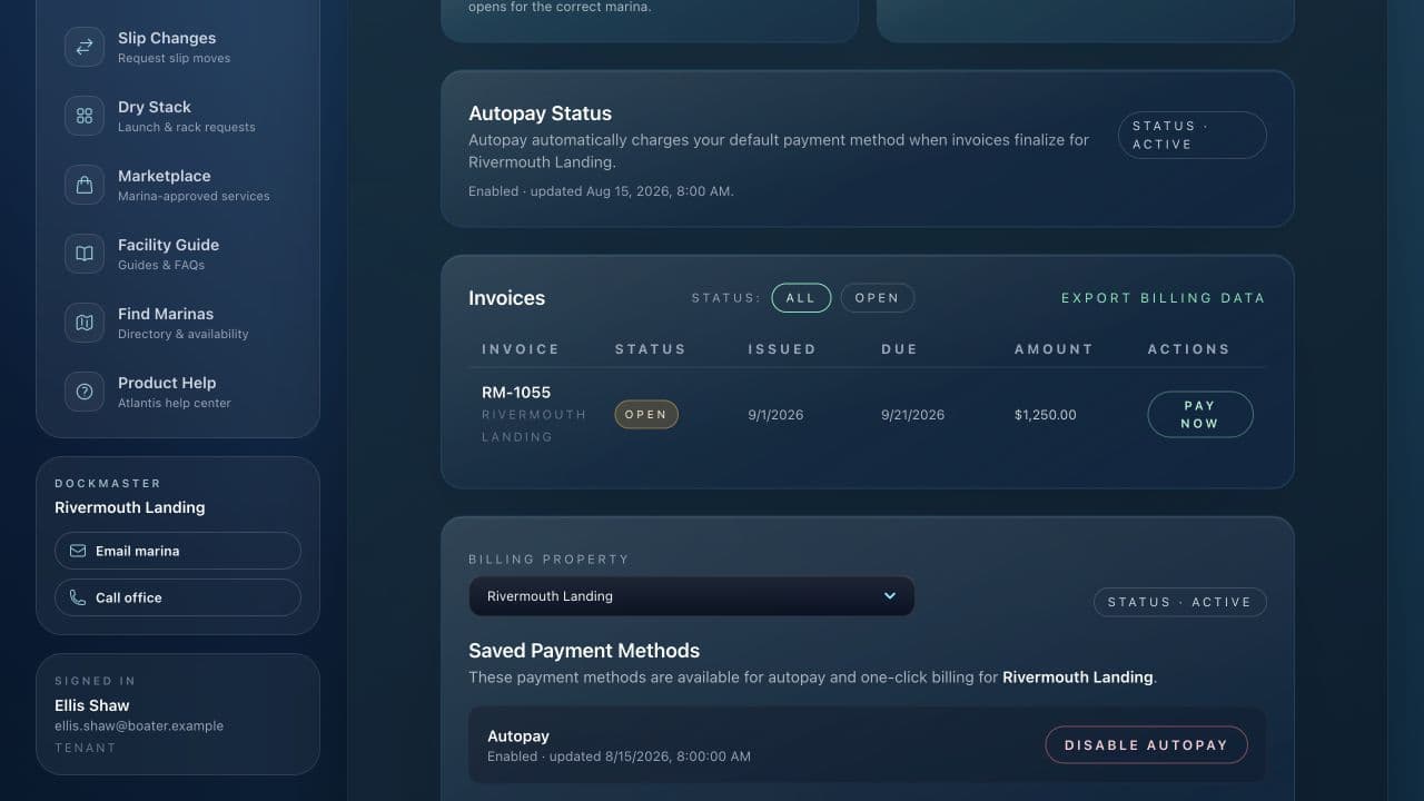 Atlantis Marina boater billing dashboard showing invoices and payment information