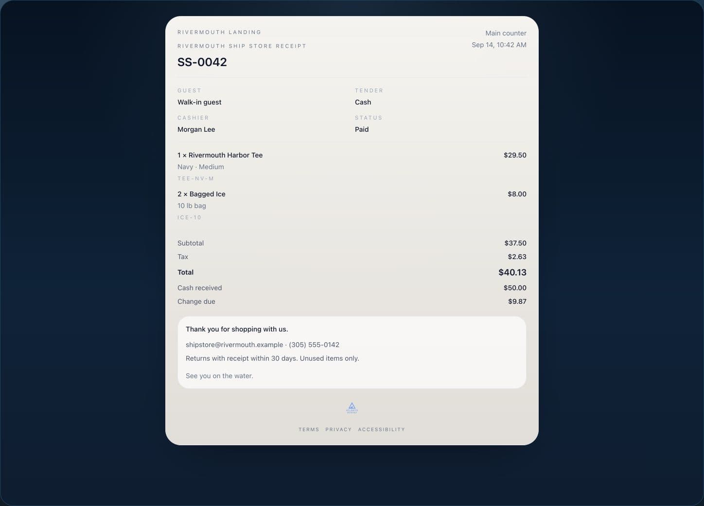 Atlantis Ship Store printable receipt with itemized purchases, tax, total, cash received and change due