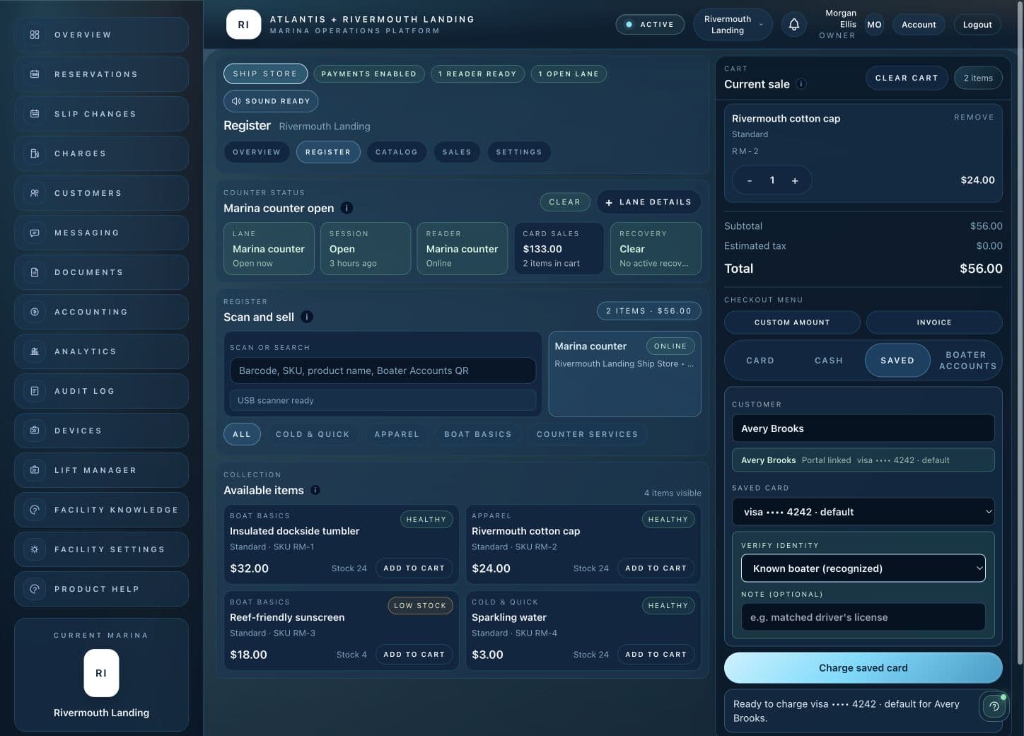 Atlantis Ship Store saved-customer checkout with a selected boater, saved card and itemized cart